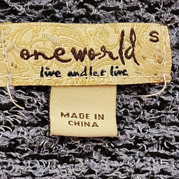 One World Periwinkle Black Mix Pattern 3/4 Sleeve Poly Lace Up Front Top Size S - Picture 14 of 16